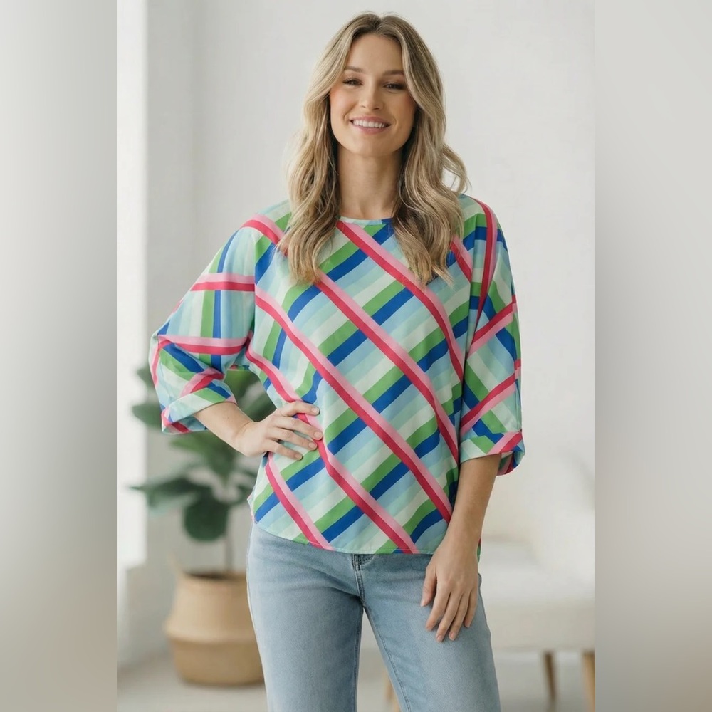 B026 First Love Oversized Stripe Checkered Design Woven 3/4 Sleeve Top